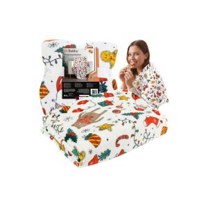 Karácsonyi mintás vékony, puha kétoldalas pléd, takaró, ágytakaró karácsonyi mintával 150x200 cm méretben, fehér + többszínű