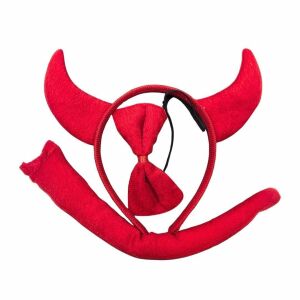 Teufelsset, 3-teilig - Hörner, Fliege und roter Schwanz, aus Plüsch - Halloween, Karneval, Partyzubehör