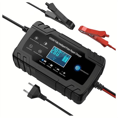 Nagy teljesítményű intelligens egyenirányító akkumulátortöltő 12 V 24 V 4 A 8 A bilincsekkel