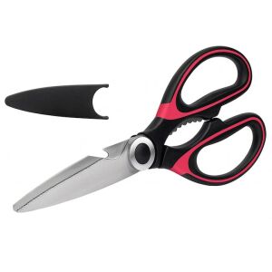 Konyhai és kerti olló, nagy teherbírású, multifunkcionális, rozsdamentes acél, diótörő funkcióval, palacknyitóval, 20,5 cm, fekete-piros, mosogatógépben mosható, védőtokkal a pengéhez, Vadrami 145048155 - Konyhai olló
