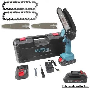 MINI-KETTENSÄGE MUSTANG MIT 2 AKKU, 550 W, 21 V, 1,5 AH, 18,5 cm KLINGE + 2 KLINGEN und 2 KETTENSÄGEN