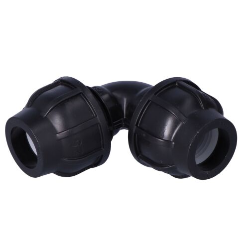 PP szorító könyök 90 fok 25x25 PN16, PE csövekhez, fekete 145104707