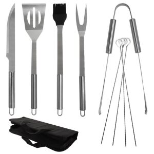 Acél grillsütő szerszámkészlet tokban, 10 darabos.