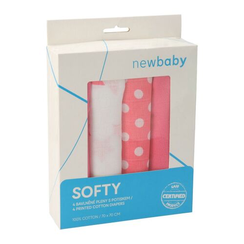 Pamut tetra pelenka New Baby Softy nyomtatott mintával  70 x 70 cm 4 db fehér-rózsaszín 145136553