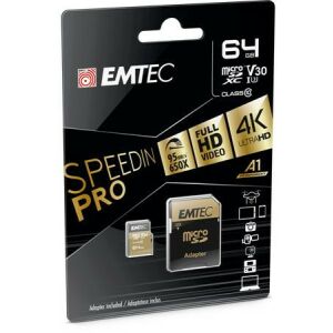 Memóriakártya, microSDXC, 64GB, UHS-I/U3/V30/A2, 100/95 MB/s, adapter, EMTEC "SpeedIN" 145139334 - Memóriakártya