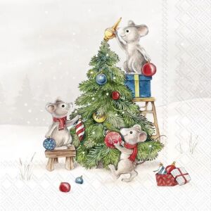 Karácsonyfát díszítő egerek, 3 rétegű ünnepi szalvéta, 16,5 x 16,5 cm 145148399 - Szalvéta