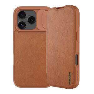 iPhone 17 Pro NILLKIN QIN PRO tok álló, bőr hatású FLIP, kameravédő, VILÁGOSBARNA 145149804 - Nillkin