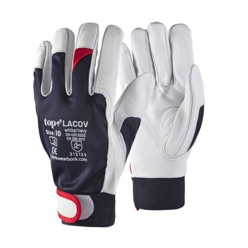 Védőkesztyű báránybőr pamut kézhát TOP LACOV, sötétkék/fehér/piros, 9 145151975