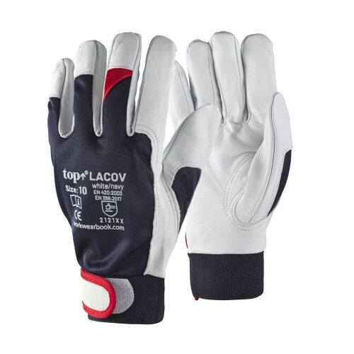 Védőkesztyű báránybőr pamut kézhát TOP LACOV, sötétkék/fehér/piros, 8 145155136