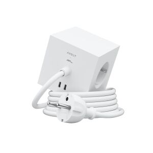 Kocka alakú hosszabbító kábel, AVOLT x Martinelli Luce, Square 1, 3 aljzat, 2xUSB-C, 1,8 méter, fehér