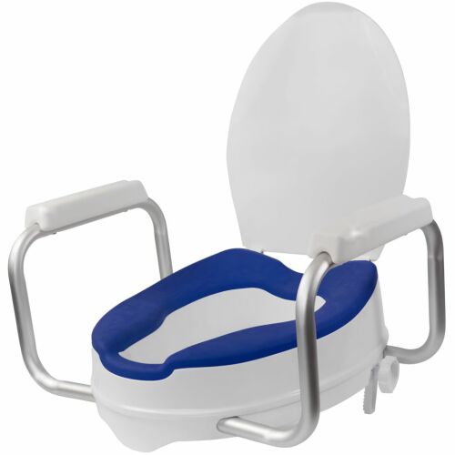 Inaltator WC cu Capac si Manere, Linomag®,10 cm inaltime, Colac din PU moale & confortabil, Sistem de prindere reglabil pentru vasul de toaleta, Alb/Albastru Violet 145158354