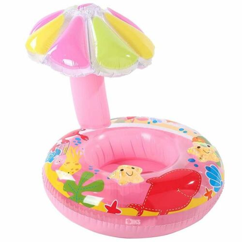 SIKS felfújható úszógumi babáknak/gyermekeknek napellenzővel, védőpadlóval, úszómedencéhez, gyűrű méretei 70 cm x 80 magasság, sellőfarok stílusú esernyő, rózsaszín többszínű