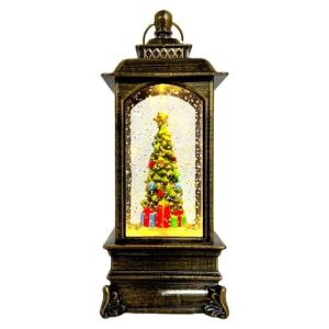 Világító és zenélő karácsonyi dekoráció, lámpás típusú, feldíszített karácsonyfával és ajándékokkal, fémből és műanyagból, barna