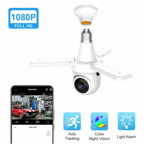 Camera de supraveghere tip bec, cu 3 brate de lumina LED, FULL HD, conectivitate WiFi, viziune nocturna cu LED, detectare miscare si alerte, alb 145166472