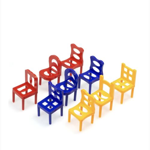 Balance Chairs játék elemek, piros, kék és sárga székek