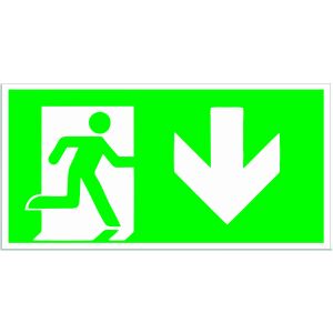 Vészkijárat tábla lefelé mutató nyíllal – 15x30 cm, 1 mm PVC, fotolumineszcens nyomtatás, öntapadó rögzítéssel 145177402 - Jelölés & Figyelmeztetés