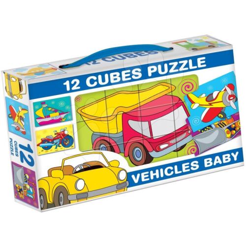 Mesekocka 12 darabos Járművek kocka puzzle csomagolása, teherautóval, repülővel, autóval és motorkerékpárral - Puzzle