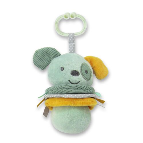 Közelkép a Lorelli Toys zöld kutya rezgő játékáról rágókával 