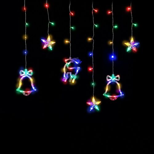 Entac Karácsonyi Függöny IP44 Színes 135 LED 12db Dísz Csengő és Rénszarvas 8F + időzítő 3x0,7m IR távirányítóval (ECCL-135MC-BD) 145213117