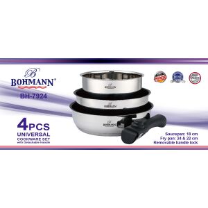 Univerzális Bohmann főzőedény készlet, 4 darabos, 16 cm-es fazék, 24x4,5 cm-es és 26x5,5 cm-es serpenyők, rozsdamentes acélból.