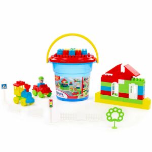 Építőkockák (68 db) (kék vödörben, Maxi fedővel) 145226986 - Műanyag építőjáték