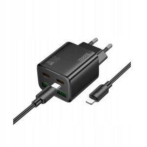 Hoco 2 x USB C + 2 x USB A QC3.0 PD 3A 30W hálózati telefon töltő + USB C - Lightning N56 kábel fekete