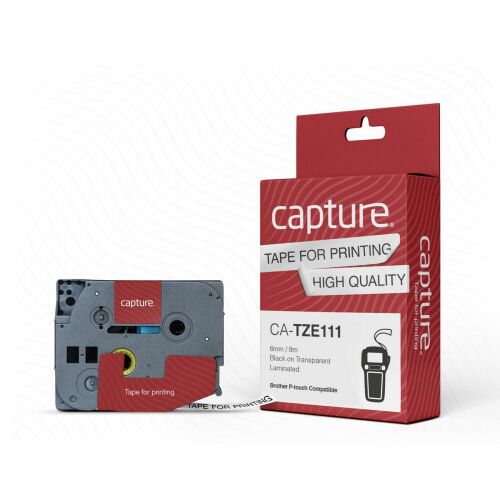 Capture CA-TZE111 Címkézőszalag, 9mm Fekete átlátszó, Kompatibilis Brother P-touch címkézőgépekkel - Feliratozógép és szalag