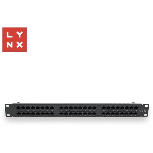 LYNX 19" patch panel 48-port, UTP Cat5e, 50µ, árnyékolatlan, fekete
