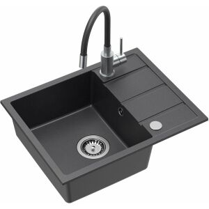 MIKE 116 fekete gránit mosogató 1 rekeszes (56x44x17,5) + rugalmas csappal + szifon + tömítő + fekete kihúzható betéttel