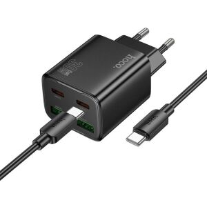 Hoco hálózati telefon töltő 2 x USB C + 2 x USB A QC3.0 PD 3A 30W + USB C - USB C kábel N56 fekete