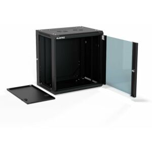 19"-es 12U 600x450-es faliszek, egyajtós üveges ajtó, eltávolítható teljes hátlap, eltávolítható teljes oldallapok zárral, 4 tartógerenda, fekete szín, önösszeszerelés - Flat Pack, ALANTEC