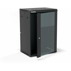 19" 18U 600x450 fali szekrény, egy szárnyas üveges ajtó, teljesen eltávolítható hátlap, teljesen eltávolítható oldallapok zárral, 4 tartógerenda, fekete szín, ALANTEC