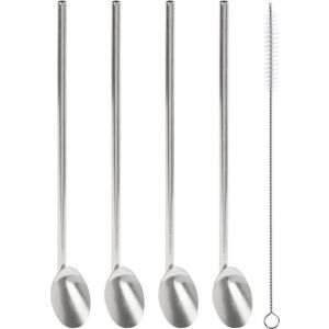 Kiváló háztartási cikkek Rozsdamentes acél itálszívószálak desszertes kanalak kávéhoz, lattéhoz, jeges italokhoz 2-1-ben + tisztító készlet 4 darab szívószál és kanál készlet