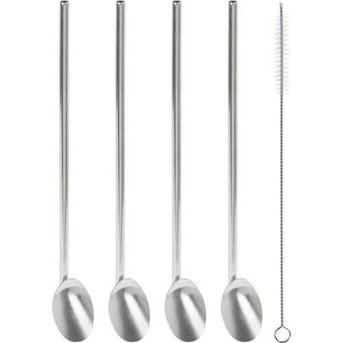 Kiváló háztartási cikkek Rozsdamentes acél itálszívószálak desszertes kanalak kávéhoz, lattéhoz, jeges italokhoz 2-1-ben + tisztító készlet 4 darab szívószál és kanál készlet 145289772