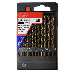 Set de burghie pentru metal HSS-Co DIN 338 1,5-6,5 la fiecare 0,5mm +3,2+4,8mm ABRABORO [13 buc.] 145295006 - Instrument