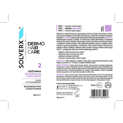 SOLVERX Dermo Hair Odżywka do włosów Regeneracja i nawilżenie 150 ml 145301487