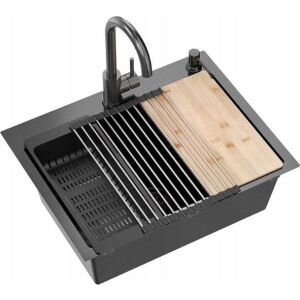 QUADRON LUKE 110 WORKSTATION zlewozmywak black metal (58x45x20) szifonnal 1-kamrás b/o + Qmata + Betét + Adagoló + Deszka