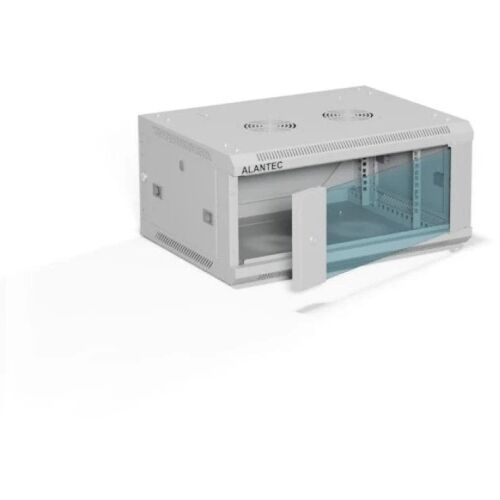 19" 4U 600x450 faliszek, üvegtáblás egyajtós ajtó, teljesen eltávolítható hátlap, teljesen eltávolítható oldallapok kulccsal zárva, 4 tartógerenda, szürke szín, önösszeszerelés - Flat Pack, ALANTEC 145304775