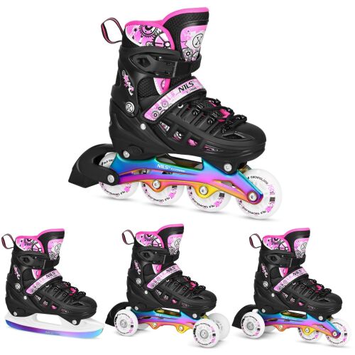 NH10905 4w1 Wrotki LED Różowe z Wymienną Płożą Hokejową Rainbow Rozm. L(39-42) NILS Extreme