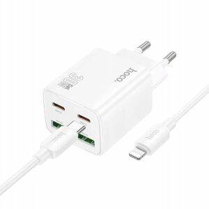 Hoco hálózati telefon töltő 2 x USB C + 2 x USB A QC3.0 PD 3A 30W + USB C - Lightning kábel N56 fehér 145319153 - Hoco
