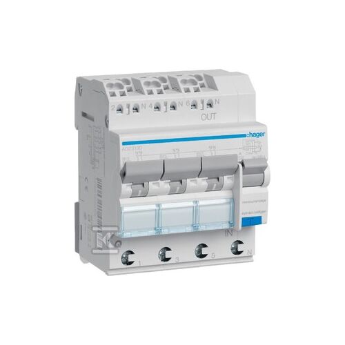 Hager Wyłącznik różnicowonadprądowy 3x1P+N B 13A 0,03A Typ A 6kA RCBO (ADZ313D)