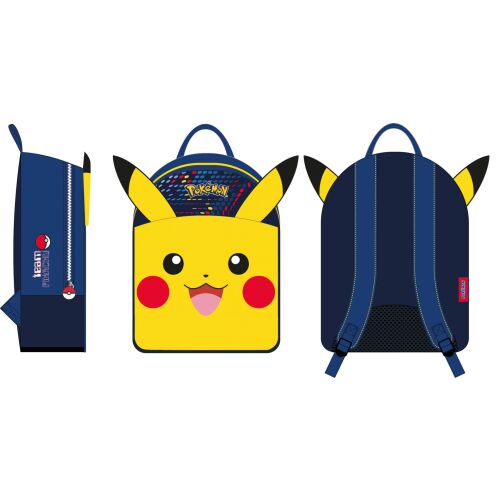 Kollázs a Pokemon Pikachu Junior hátizsákról, elöl-, oldal- és hátulnézet - Óvodai kellék