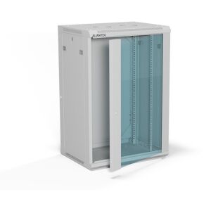 19" 18U 600x450 fali szekrény, üveges egyajtós ajtó, teljesen eltávolítható hátlappal, teljesen eltávolítható oldallapokkal, kulccsal zárható, 4 gerenda, szürke szín, ALANTEC