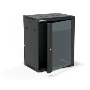 19" 15U 600x450 fali szekrény, egyajtós üveges ajtó, teljesen eltávolítható hátlapi lemez, teljesen eltávolítható oldalsó lemezek kulccsal zárható, 4 tartógerenda, fekete szín, önálló összeszerelés - Flat Pack, ALANTEC