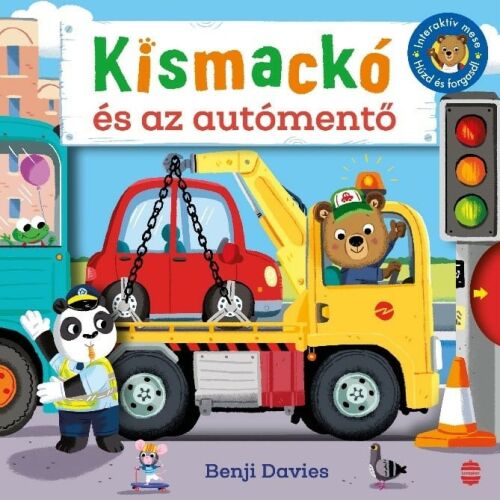 Kismackó és az autómentő gyermekkönyv borítója, egy medve vontatóautót vezet - Képeskönyv és lapozó