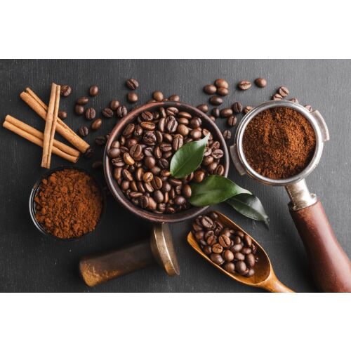 Fototapet Compozitie69 Cafea tapéta kávébabokkal, őrölt kávéval, fahéjrudakkal és rusztikus elrendezéssel - Barkács és DIY