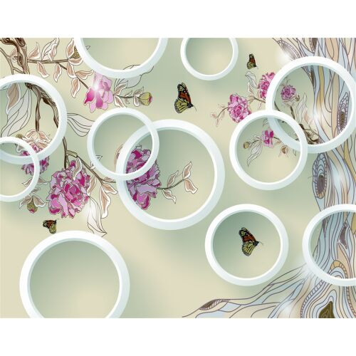 Fototapet Fluturi, flori si cercuri tapéta, pillangó, virág és kör minta, 250 x 150 cm - Barkács és DIY