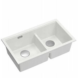 QUADRON | LOGAN 120 | gránit konyhai mosogató SNOW WHITE + ACÉL | méret: 76 x 45 x 23,5 cm | 2 rekeszes felfüggesztett | alátét szekrény mérete: 80 cm-től