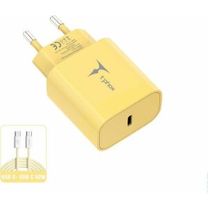 HÁLÓZATI HÁLÓZAT T-PHOX MÉRSÉKELT SOROZAT T-PP11 20W+USB-C/USB-C KÁBEL 60W SÁRGA