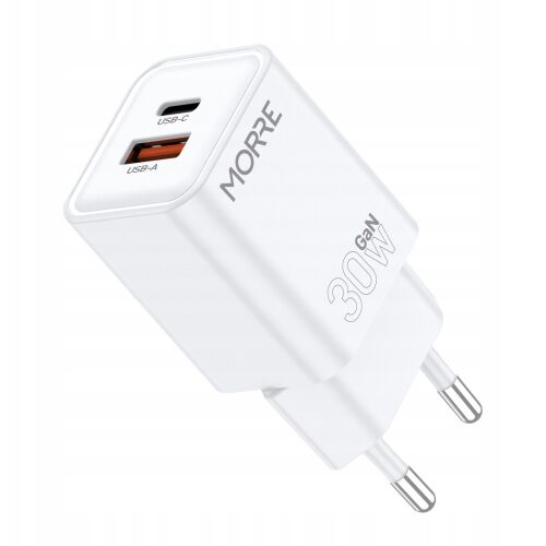 MORRE 30W USB-C és USB-A GaN Fali Töltő - Fehér - Telefontöltő